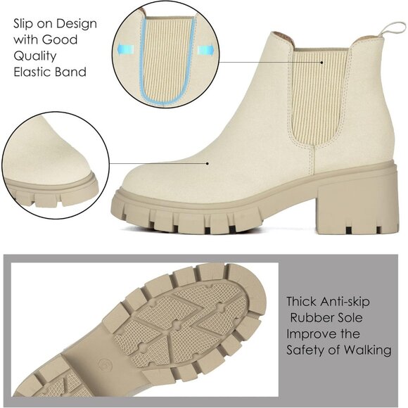 Women's Chelsea Boots Fashion Lug Sole Chunky Heel Slip on Ankle Booties Beige - Picture 4 of 6